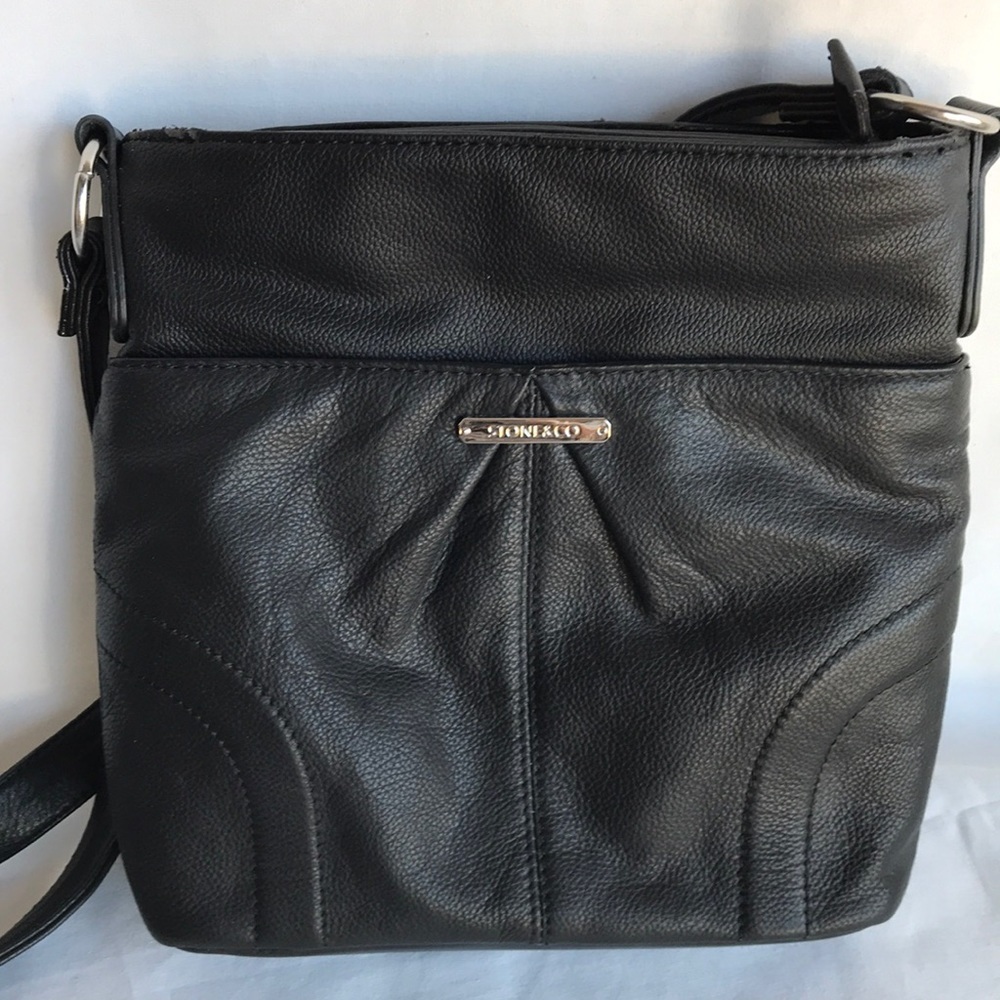 Stone & Co. black leather shoulder or crossbody bag with silver accents